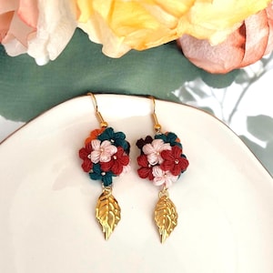 Autumn Bloom Crochet Earrings with Gild Leaf Drop| Micro crochet earrings! Vintage crochet earrings.