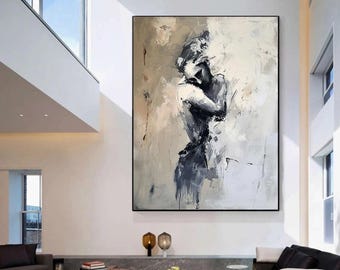Ölgemälde handgemalt auf Leinwand Expressives Porträt Frau Schwarz Weiß, handgemaltes Unikat, Wandbilder Wohnzimmer groß