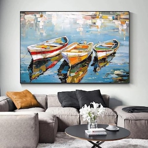 Oil painting on canvas boats, painting abstract water, hand-painted art, modern mural, original from Germany