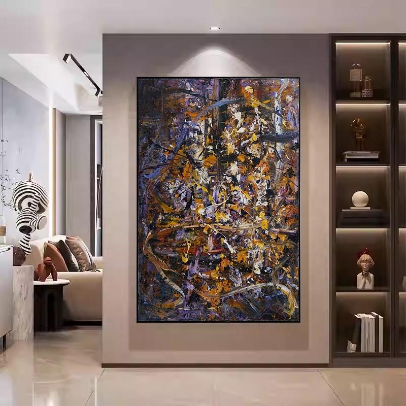 Hand-painted Oil Painting on Canvas Abstract Painting Violet Blue Gold, Original Artwork, Large Living Room Wall Art, One-of-a-Kind
