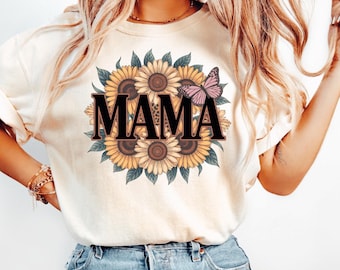 Comfort Colors Mama Sunflower Leopard Shirt: Floral Mother's Day Tee, Flower Butterfly Shirt
