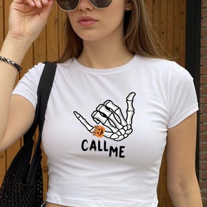 Hand Skeleton Call Me Baby Tee, Skeleton Spooky Season, Halloween Crop Style Tee, Funny Halloween Shirt, Halloween Gift,90s Top,Y2K Baby Tee