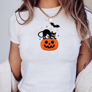 Maglietta per neonati con gatto nero e zucca di Halloween, maglietta con grafica retrò di Halloween, maglietta con gatto nero, maglietta per neonati con stagione spettrale, top Y2K, grafica retrò, top anni '90