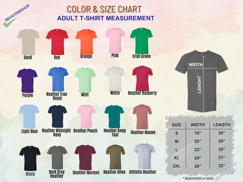 Color and size chart for crowneck short sleeve t shirt