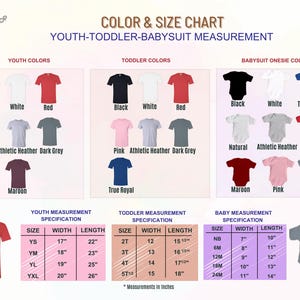 Color Chart and Size Chart for Youth t-shirt, Toddler t-shirt and babysuit onesie t-shirt