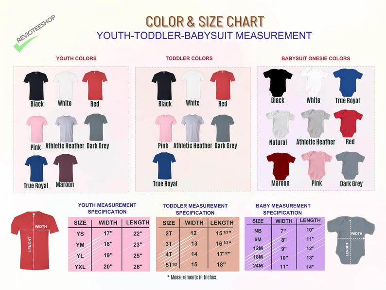 Color Chart and Size Chart for Youth t-shirt, Toddler t-shirt and babysuit onesie t-shirt