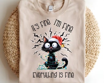 It s Fine I m Fine Cat Christmas Sweatshirt, Funny Holiday Cat Hoodie, Everything Is Fine Sweater, Cute Christmas Gift, Black Cat Sweatshirt
