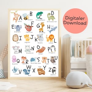 Póster infantil "ABC" con animales I Póster abecedario infantil I Póster descarga digital I Aprende el abecedario I Decoración de pared I Póster habitación infantil I Póster colorido