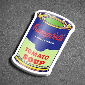 Adesivo de vinil à prova d'água GRANDE lata de sopa de tomate Campbell's 1,75"x2,75" | Estilo Andy Warhol | Pop Art | Colorido | Único