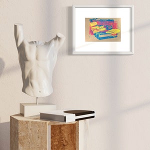 Pop Art Linocut Abstract Print &quot;Retro Polaroid, Cassette Tape & Eames Chair” 2023 | 6”x8&quot; | Printmaking Archive Paper | Linoprint