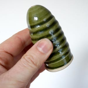 Könnte beinhalten: Ein grüner Keramik-Salzstreuer mit gerilltem Design und dunkelgrünen Streifen. Der Salzstreuer wird in einer Hand vor weißem Hintergrund gehalten. Der Salzstreuer ist etwa 7,6 cm hoch.