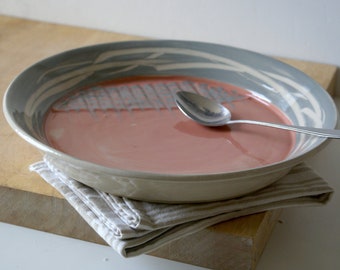 FINAL SALE - Large hand thrown charger plate with pink and grey feathering decoration