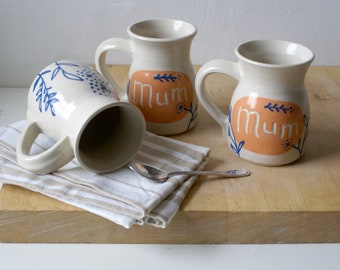 SALE - Large hand thrown mug with floral decoration and 'mum' calligraphy