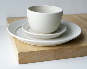 Four table dinnerware settings - small bowl, side plate and dinner plate in your choice of colour