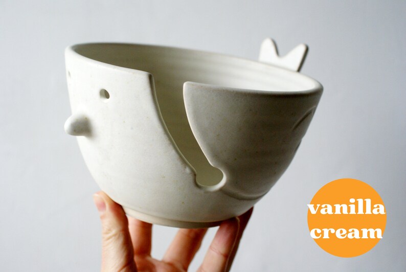 Customisable wren shaped yarn bowl for knitting and crochet projects Vanilla cream