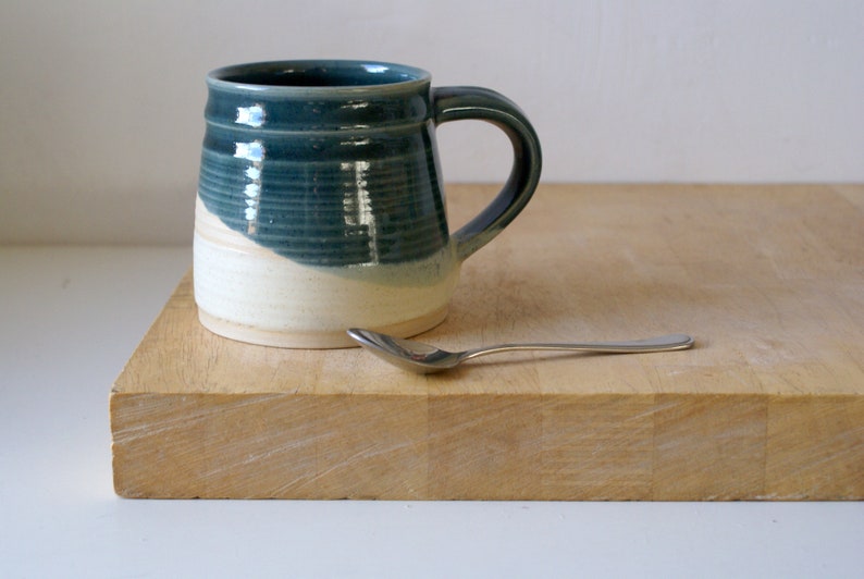 One large pottery tea mug in two tone blue and cream colours image 6