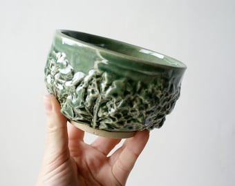 Two small stoneware cabbage bowls, snack bowl set glazed in green