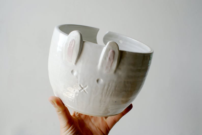 Handmade rabbit ceramic yarn bowl gift for knitters customised in your choice of colour image 6