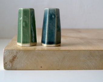 SALE - Two tall ceramic hexagon light pulls glazed in ice blue and forest green