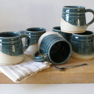 One large pottery tea mug in two tone blue and cream colours image 1