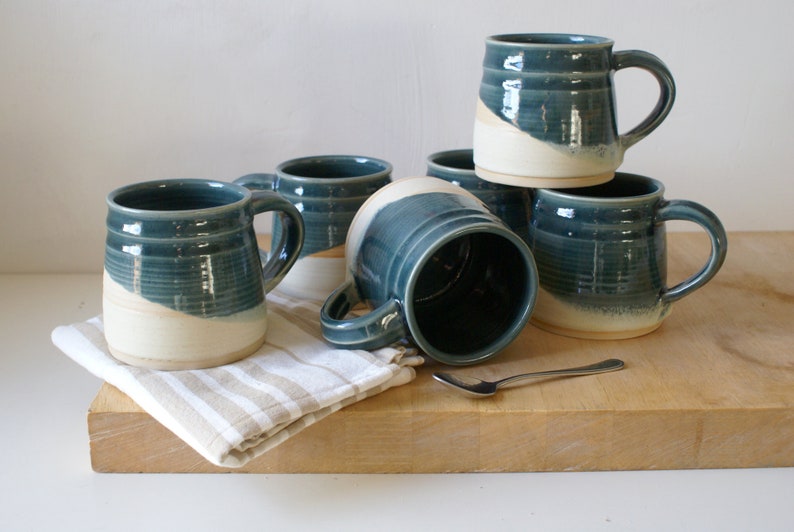 One large pottery tea mug in two tone blue and cream colours image 1