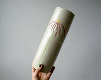 Tall pottery vase with hand painted pink echinacea flower hand thrown british stoneware pottery