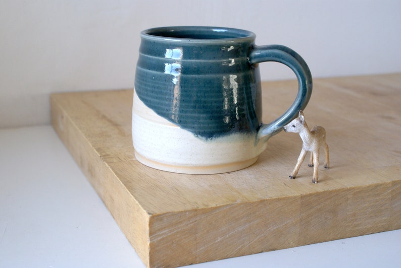 One large pottery tea mug in two tone blue and cream colours image 3