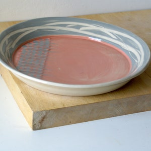 FINAL SALE Large hand thrown charger plate with pink and grey feathering decoration image 3