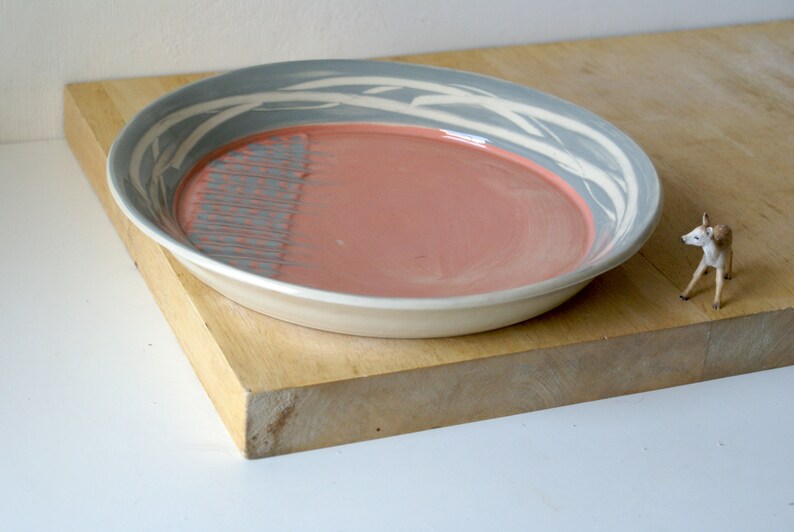 FINAL SALE Large hand thrown charger plate with pink and grey feathering decoration image 3