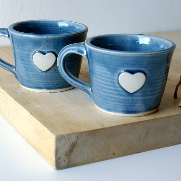 Set of two ice blue heart mugs - hand thrown stoneware pottery