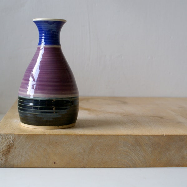 SALE - Hand thrown ceramic bottle vase with blue, purple and black glaze