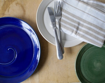 Four hand thrown stoneware dinner plates - handmade tableware in your choice of colour