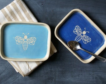 Honey bee ceramic pottery tray in blue