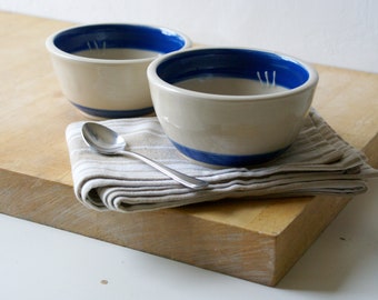 Set of two blue and beige hand thrown pottery bowls kitchenware