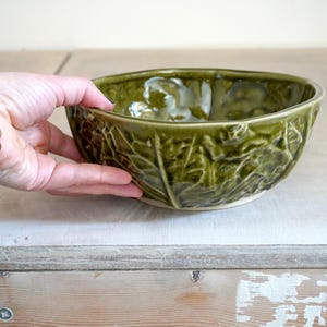 Cabbage leaf textured stoneware pottery kitchenware bowl glazed in green