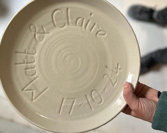 Commemorative pottery wedding gift plate hand etched with names and date