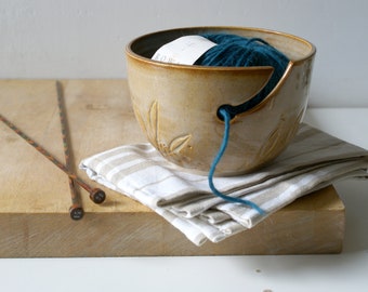 Hand thrown Stoneware yarn bowl with leaf pattern glazed in glossy grey