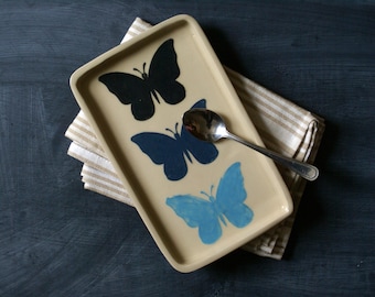 Ceramic pottery rectangular blue butterfly motif trinket tray glazed in simply clay