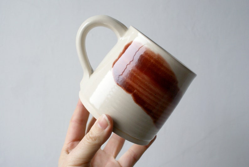 Set of two wheel thrown mugs with hand painted brushstroke colours for your tea break Red