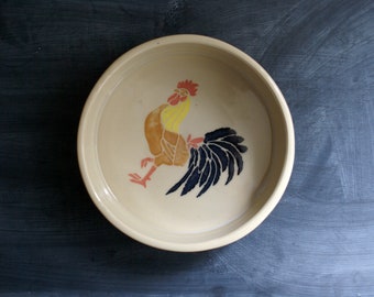 Flat ceramic stoneware dish with hand painted chicken design