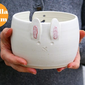 Handmade rabbit ceramic yarn bowl gift for knitters customised in your choice of colour Vanilla Cream