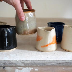 Hand Thrown Stoneware Milk Jug: Orange Accents, Blue and Hand Painted Blue – Mini Pourer