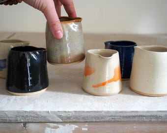 Hand Thrown Stoneware Milk Jug: Orange Accents, Blue and Hand Painted Blue – Mini Pourer