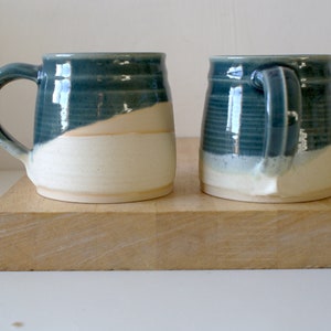 One large pottery tea mug in two tone blue and cream colours image 4