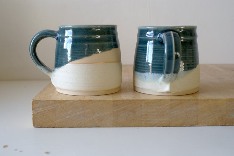 One large pottery tea mug in two tone blue and cream colours image 4