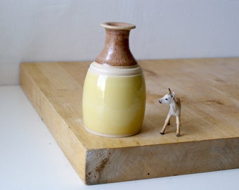 Hand thrown stoneware bottle vase with matte brick and glossy yellow glaze