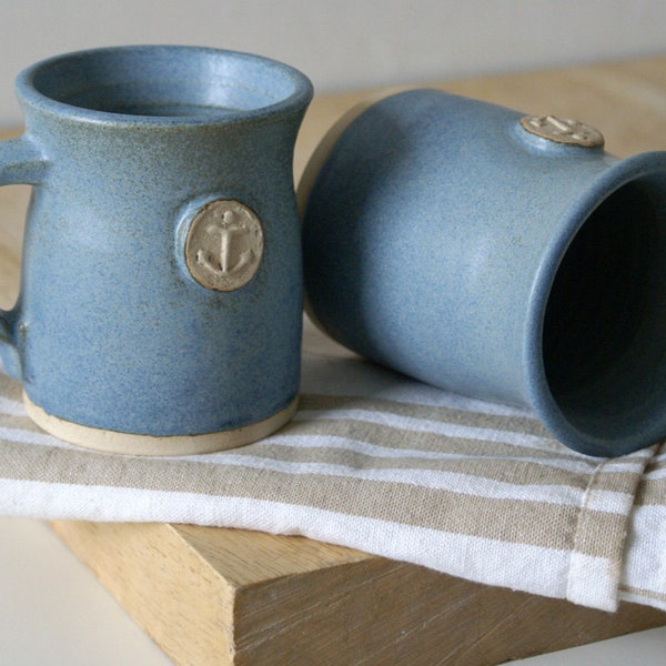 Two anchor's away stoneware mugs - hand thrown and glazed in smokey blue