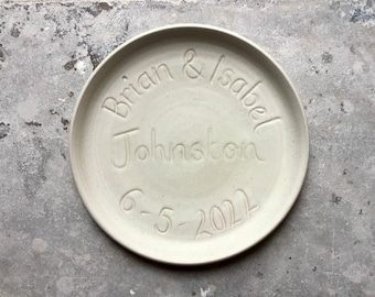 Commemorative pottery wedding gift plate - hand etched with names and date