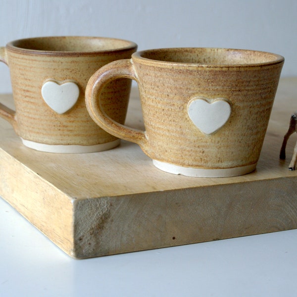 Set of two natural brown heart mugs - hand thrown stoneware pottery