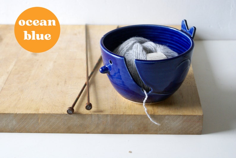 Customisable wren shaped yarn bowl for knitting and crochet projects Ocean Blue